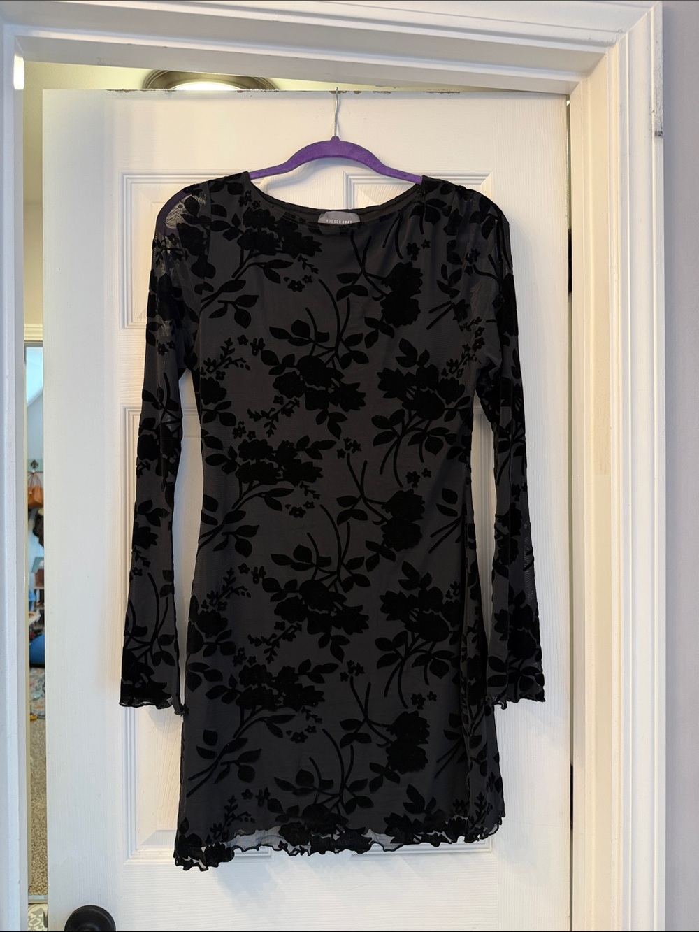 Long Sleeve Black Floral Burnout Velvet Dress